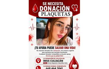 La familia de Emily Alejandra Cabañillas Soto solicita el apoyo de donadores de plaquetas para contribuir a su tratamiento médico.