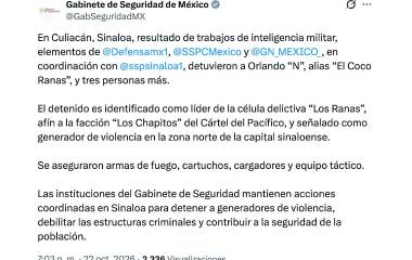 De acuerdo al Gabinete de Seguridad, Orlando “N”, alias “El Coco Ranas”, fue detenido en un operativo coordinado por fuerzas federales y estatales.