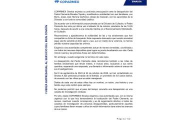 Coparmex manifestó su profunda preocupación por la desaparición del Padre Clemente Morales Topete y exigió a las autoridades competentes actuar de manera inmediata.