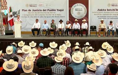 La Presidenta Claudia Sheinbaum firma el quinto decreto de restitución de tierras y la inauguración de un comedor escolar en Bahía de Lobos.