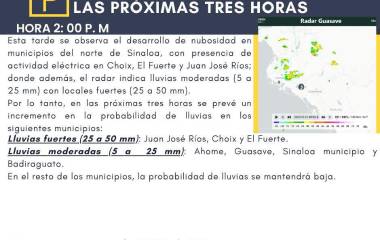 Precisó que para el miércoles 26 del mes en curso se prevén chubascos con lluvias puntuales fuertes en el sur de Sinaloa.