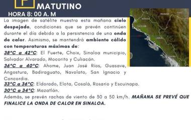 En los municipios del norte y centro del estado, el termómetro llegará a los 42 grados centígrados.