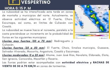 Las lluvias muy fuertes, de 50 a 75 milímetros, se prevén en Badiraguato y Culiacán.