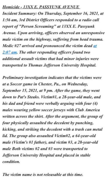 $!Reportan un muerto tras pelea con presuntos aficionados del América en Filadelfia