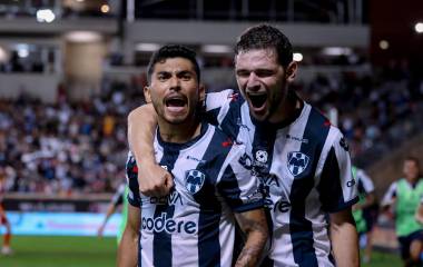 Orbelín Pineda celebra el gol que le dio el boleto a Rayados para las semifinales de la Leagues Cup.