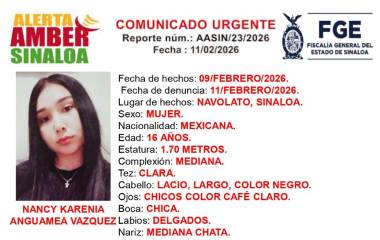 La FGE activó la Alerta Amber por la desaparición de Nancy Karenia Anguamea Vázquez en la cabecera municipal de Navolato