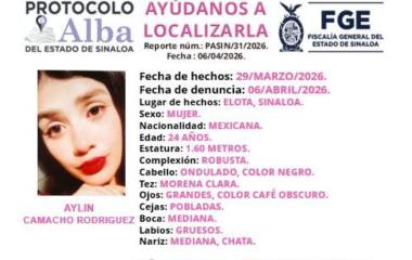 Aylin Camacho Rodríguez desapareció el 29 de marzo en el municipio de Elota.