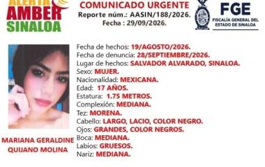 Marina Geraldine desapareció hace más de un mes en Guamúchil; autoridades activan Alerta Amber.