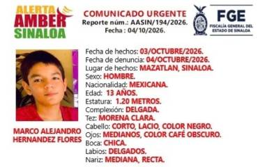 La Fiscalía de Sinaloa activó la Alerta Amber para localizar a Marco Alejandro, visto por última vez en Mazatlán.