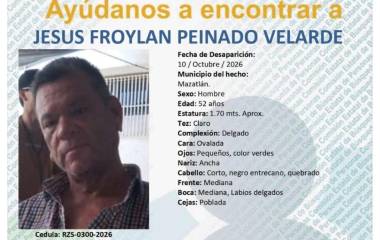 Familiares buscan a Jesús Froylán Peinado Velarde, de 52 años, desaparecido en El Rosario.