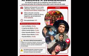 Familiares piden ayuda para localizar a seis personas desaparecidas cuando viajaban a Mazatlán.