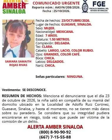 $!Buscan a Samara Samaith, de 7 años; desapareció junto a su madre en Ruiz Cortines, Guasave