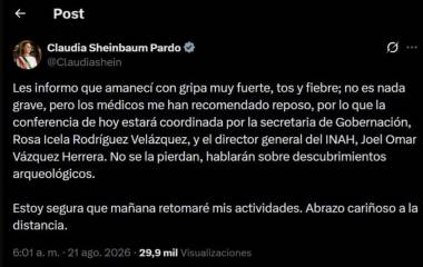 Mensaje de la Presidenta de México Claudia Sheinbaum Pardo sobre su condición de salud de este viernes.