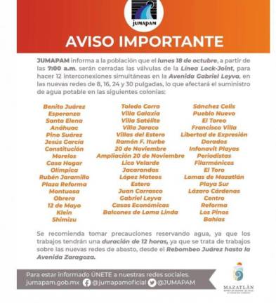 Este lunes habrá corte de agua en Mazatlán y 50 colonias resultarán afectadas