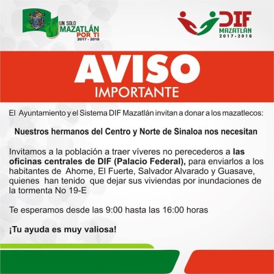 Mazatlán abre centro de acopio para ayudar a damnificados por lluvias en centro y norte de Sinaloa
