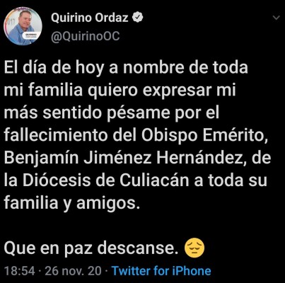 A través de Twitter, Quirino Ordaz expresa sus condolencias por fallecimiento del Obispo Emérito Bejamín Jiménez