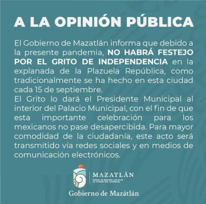 Sí habrá Grito de Independencia en Mazatlán, pero virtual