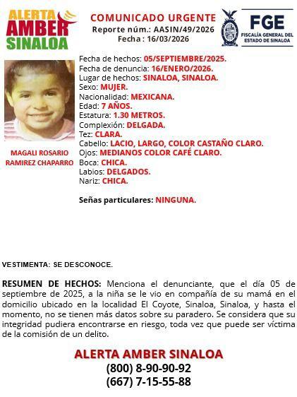 $!Desapareció hace seis meses; En Sinaloa buscan a Magali Rosario, de 7 años
