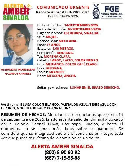 $!Buscan en Escuinapa a Alejandra Monserrat; desaparece el 14 de septiembre