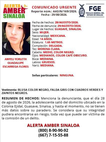 $!Piden ayuda para localizar a Anyeli Yorleth, de 14 años; desapareció al salir de su casa en Guasave