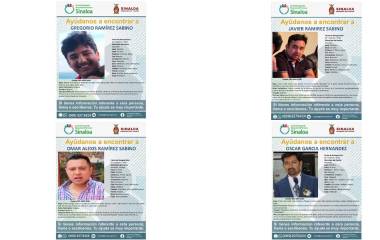 Fichas de búsqueda emitidas en Sinaloa por cuatro jóvenes reportados como desaparecidos en Mazatlán.