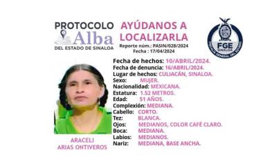 La Fiscalía de Sinaloa activó el Protocolo Alba para localizar a Araceli Arias, desaparecida desde el 10 de abril.
