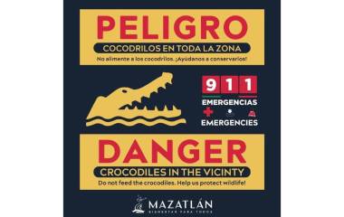 Aviso de la presencia de cocodrilo en Playa Brujas, al norte de Mazatlán.
