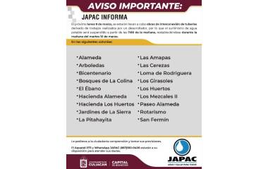 Aviso de la Japac sobre la suspensión de agua potable en varias colonias de Culiacán.