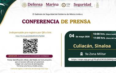El Gobierno de México informó que el Gabinete de Seguridad federal ofrecerá una rueda de prensa en Culiacán este lunes 4 de mayo.