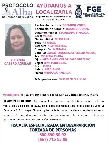 $!Activan ficha de búsqueda por Yolanda, desaparecida desde el viernes en Escuinapa