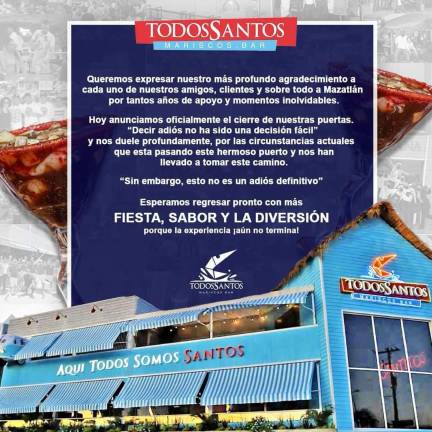 Todos Santos Mariscos Bar se suma a los negocios afectados por la inseguridad y la baja actividad económica en Mazatlán.