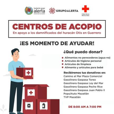 Habilitan siete centros de acopios en Mazatlán para ayudar a familias afectadas por el huracán Otis en Guerrero.