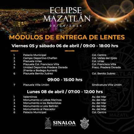 Módulos y horarios para la entrega gratuita de lentes solares en Mazatlán.