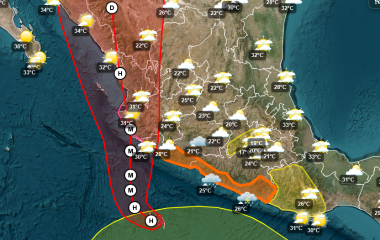 Trayectoria más reciente de la tormenta tropical Simon, que se prevé primero toque en Jalisco y después en el norte de Nayarit.