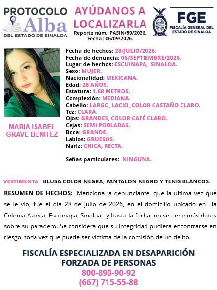 $!Buscan a María Isabel en Escuinapa; lleva 42 días desaparecida
