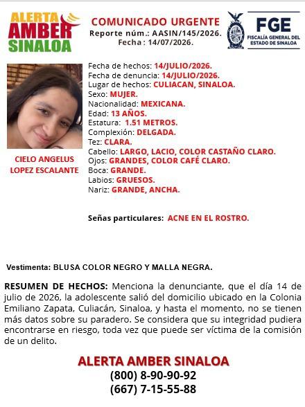 $!Desaparece Cielo Angelus, menor de 13 años, en Culiacán; activan Alerta Amber