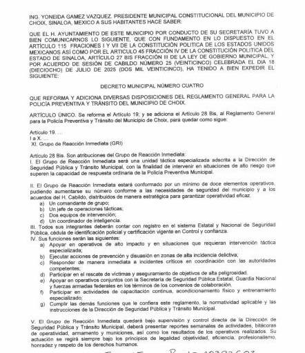 Crean Grupo de Reacción Inmediata en Choix para enfrentar situaciones de alto riesgo