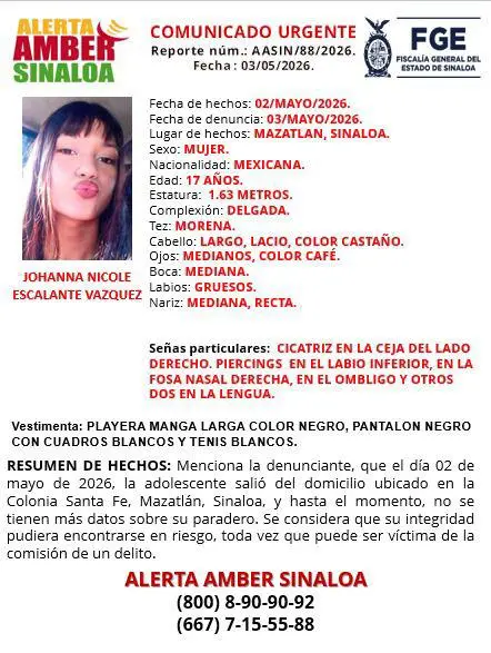 $!Solicitan apoyo para localizar a Johanna Nicole; desapareció en Santa Fe, Mazatlán
