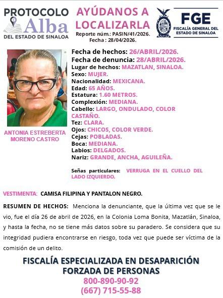 $!Activan Protocolo Alba en Mazatlán por la desaparición de Antonia