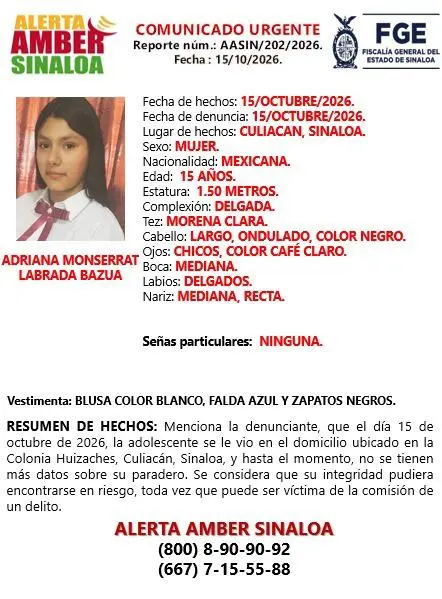 $!Activan Alerta Amber por desaparición de Adriana Monserrat en Culiacán