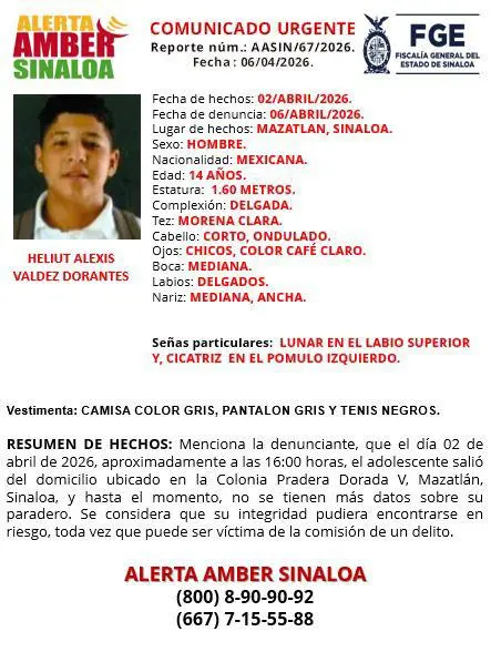 $!Heliut Alexis desapareció hace 5 días en Mazatlán; activan Alerta Amber