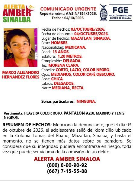 $!Buscan a Marco Alejandro, menor de 13 años desaparecido en Mazatlán