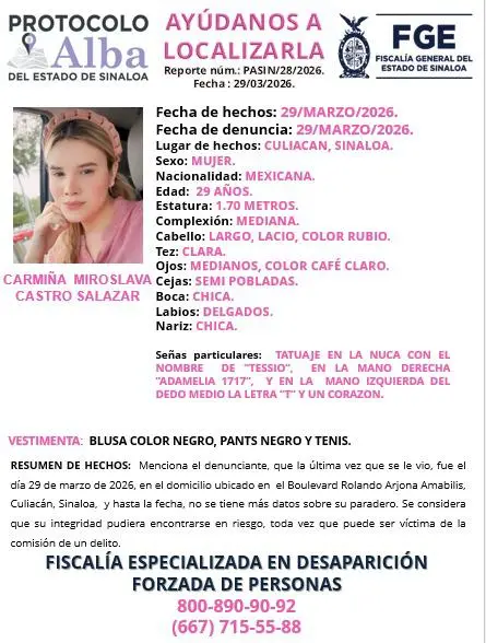 $!Activan Protocolo Alba por desaparición de Carmina Miroslava en Culiacán