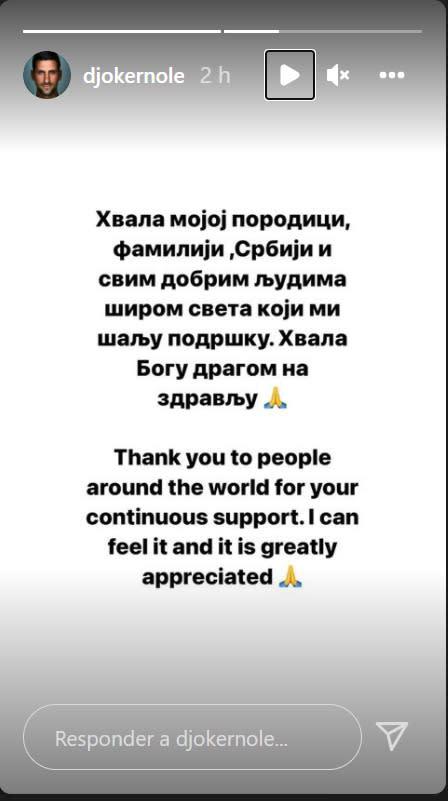$!Novak Djokovic: ‘Gracias a toda la gente alrededor del mundo que me envía su apoyo’