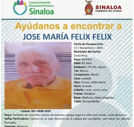 José María Félix Félix, de 82 años, fue visto por última vez en la sindicatura de Costa Rica.
