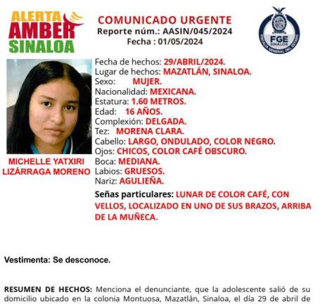 Buscan a adolescente de 16 años en Mazatlán