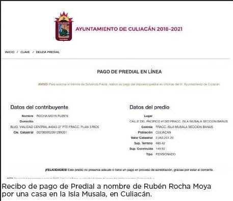 $!Recibo de pago de Predial a nombre de Rubén Rocha Moya por una casa en la Isla Musala, en Culiacán.