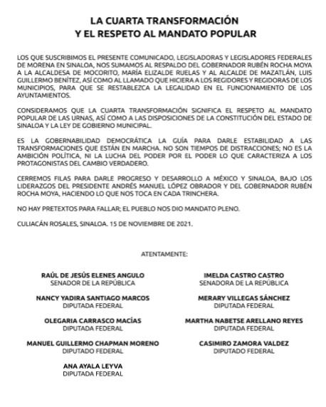 $!Bancada federal de Morena respalda al ‘Químico’ y María Elizalde; llaman a la unidad