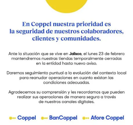 La empresa informó que el lunes 23 de febrero mantendrán cerradas sus sucursales de Jalisco “hasta nuevo aviso”.