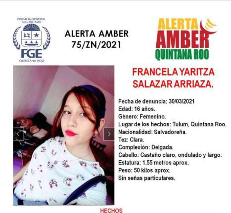 Emiten Alerta Ámber para dar con el paradero de Francela Yaritza Salazar Arriaza.